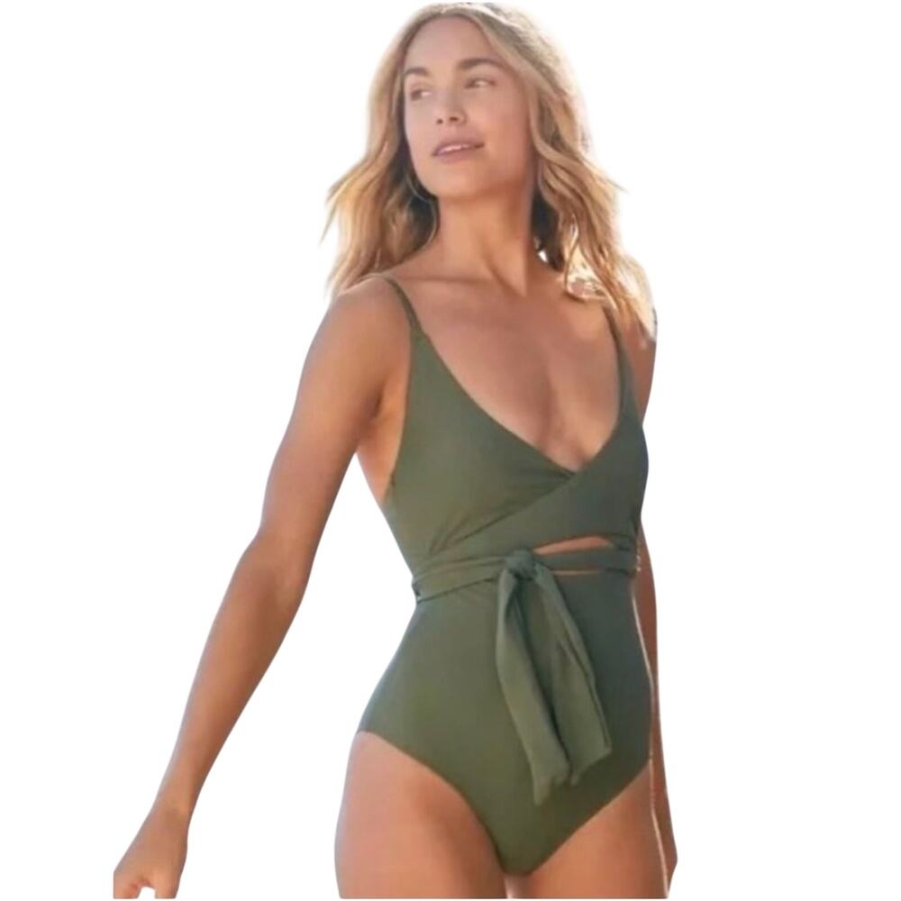Aerie Full Coverage Wrap Tie Front One Piece Swimsuit Olive Fun Size Medium - Picture 6 of 13